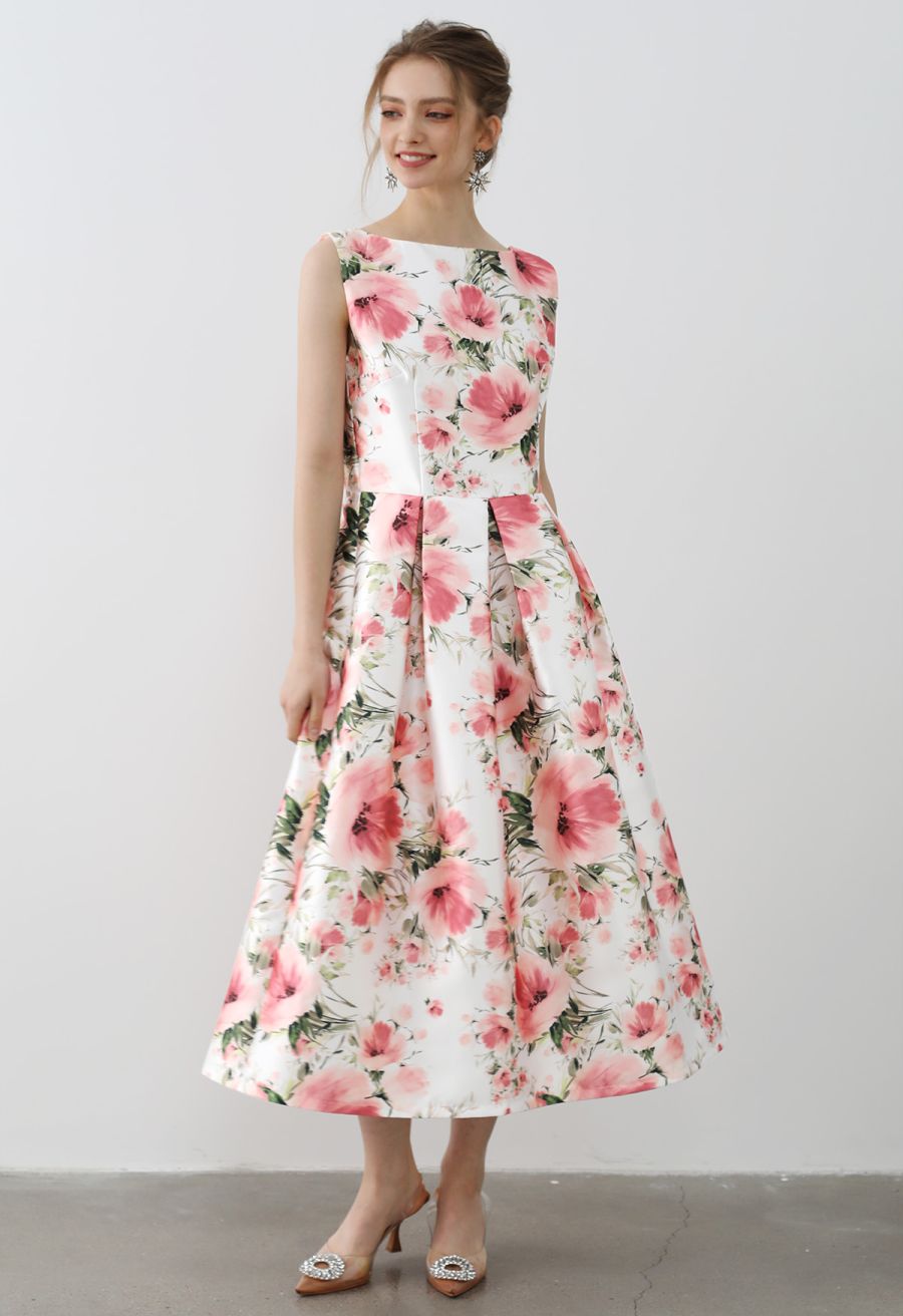 Graceful Blossom Sleeveless Midi Dress in White
