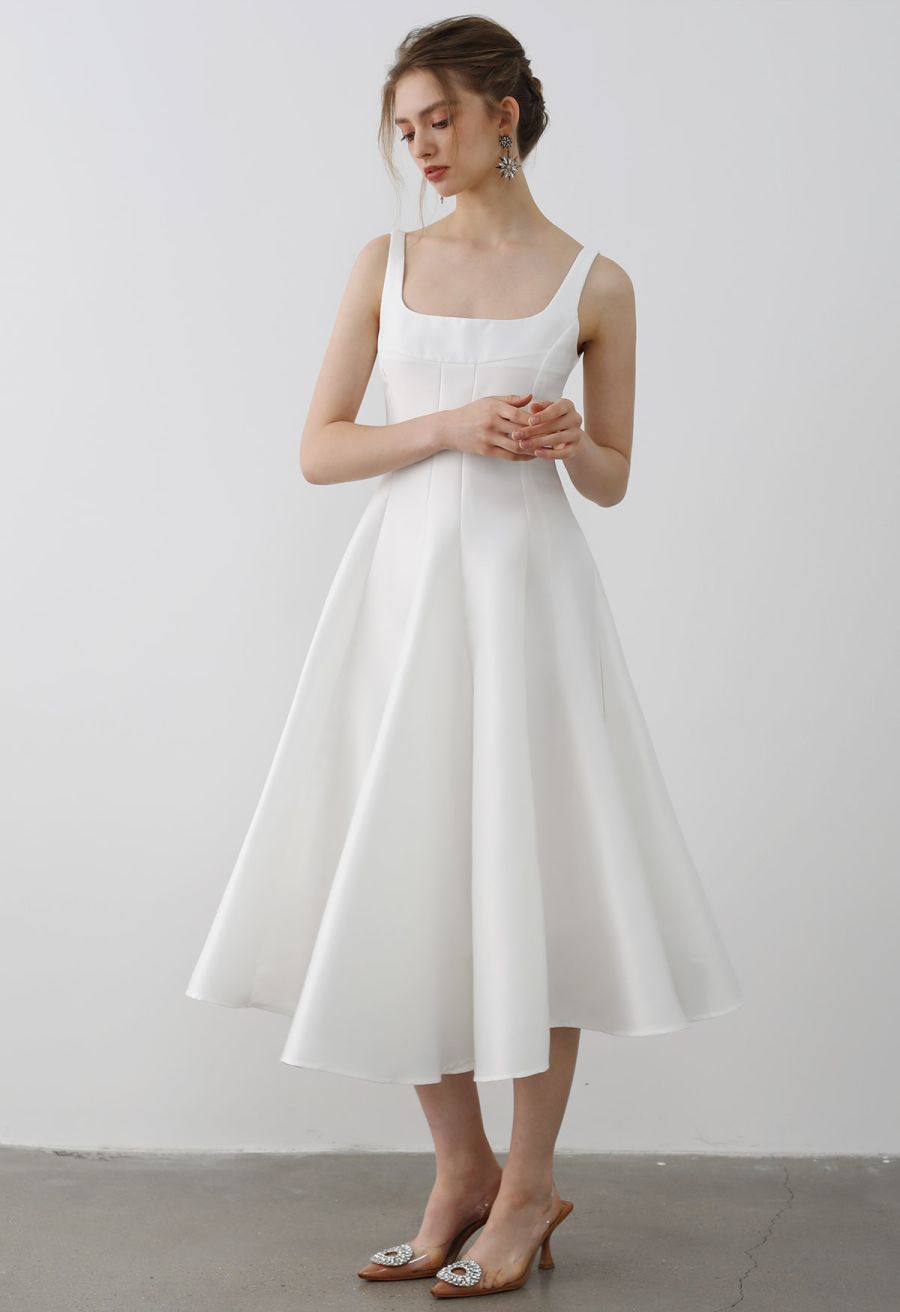Polished Satin Flared Hem Cami Dress in White