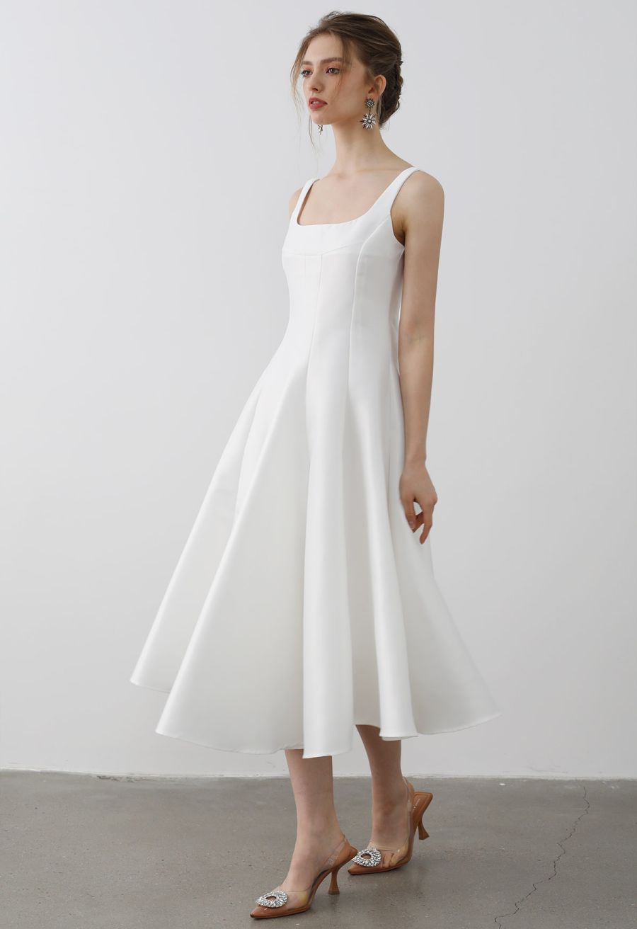 Polished Satin Flared Hem Cami Dress in White