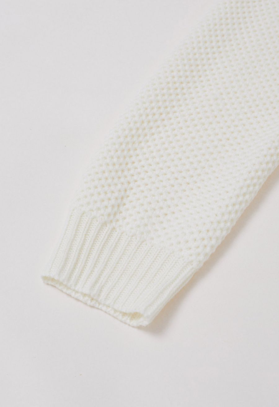 Buttons Decorated Pocket Waffle Knit Sweater in White
