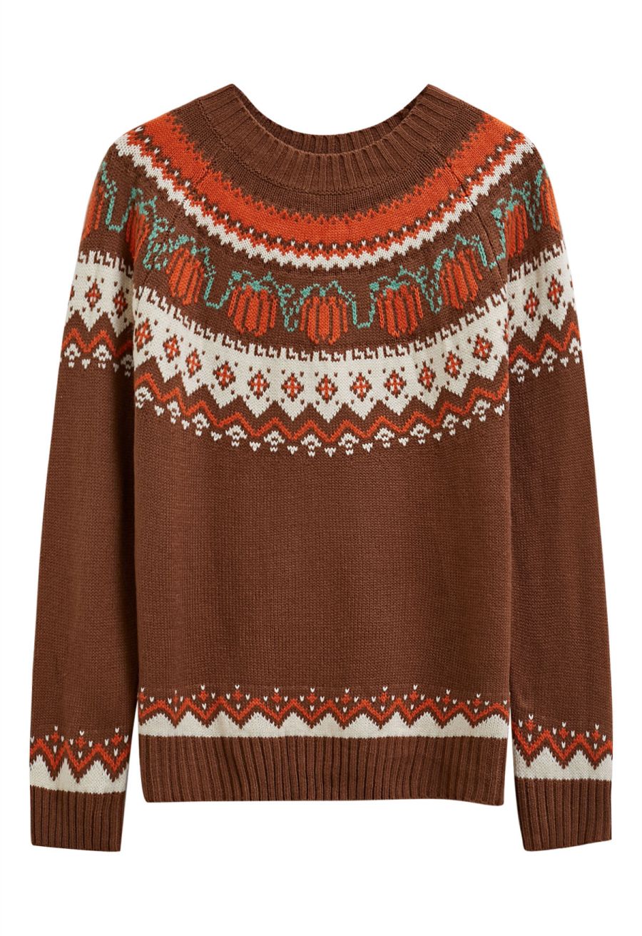 Pumpkin Delight Long Sleeves Knit Sweater in Brown Halloween Costumes