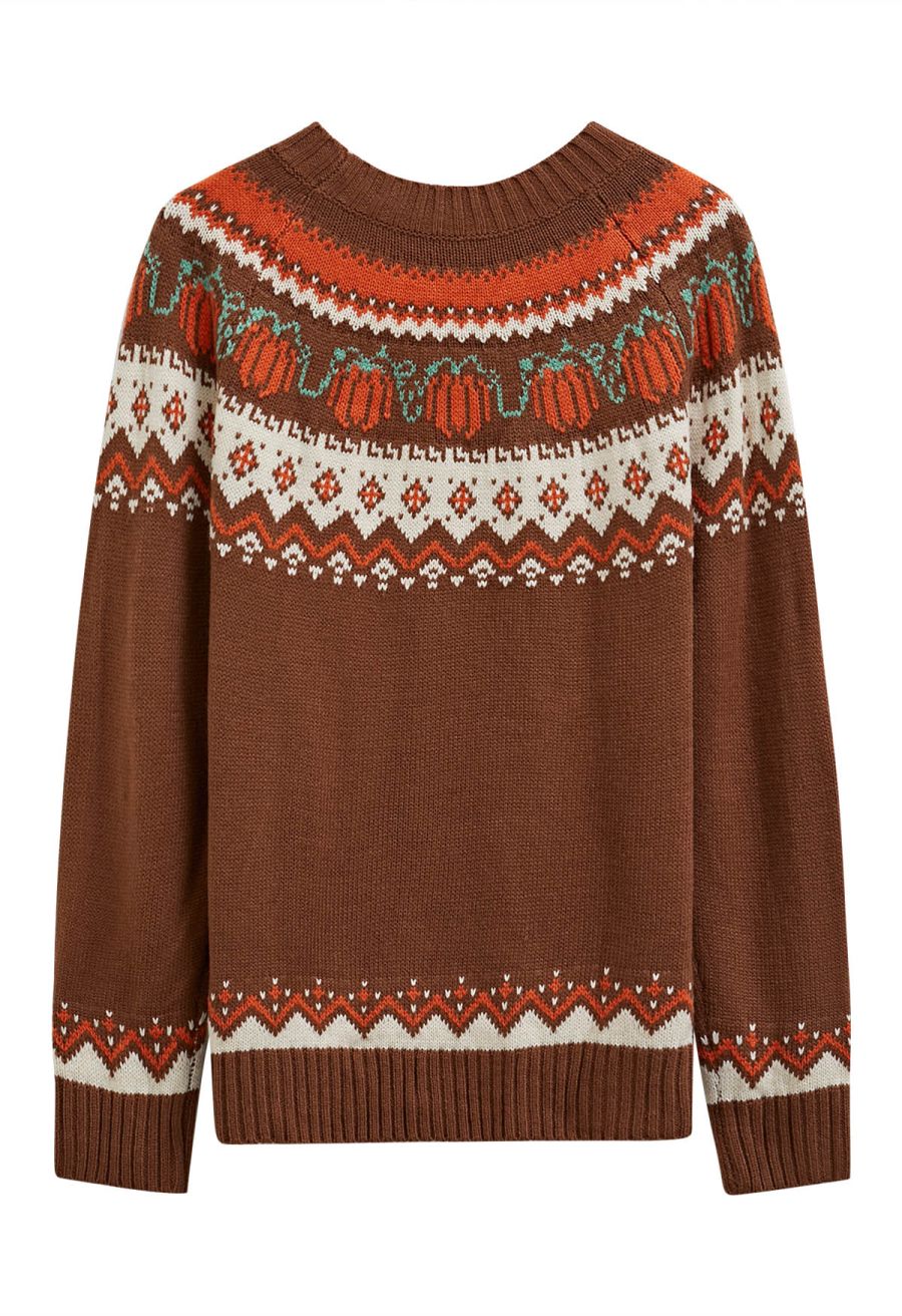 Pumpkin Delight Long Sleeves Knit Sweater in Brown Halloween Costumes