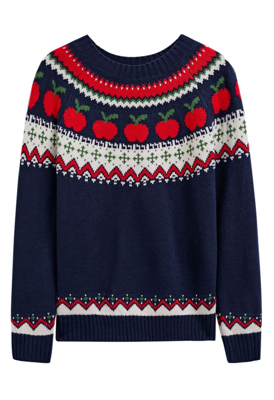 Apple Delight Long Sleeves Knit Sweater in Navy