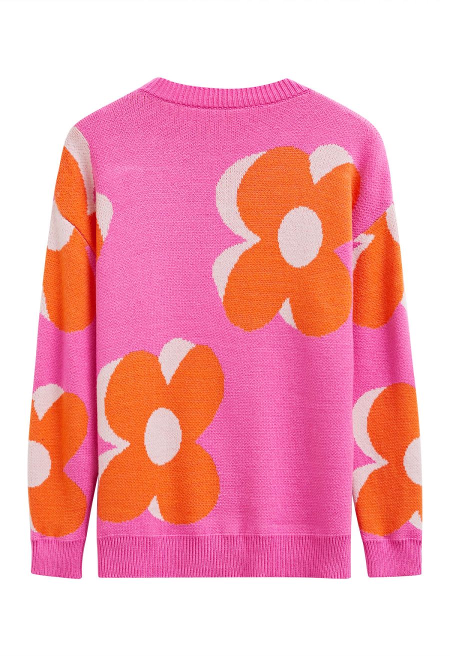 Flowering Day Jacquard Knit Sweater in Hot Pink