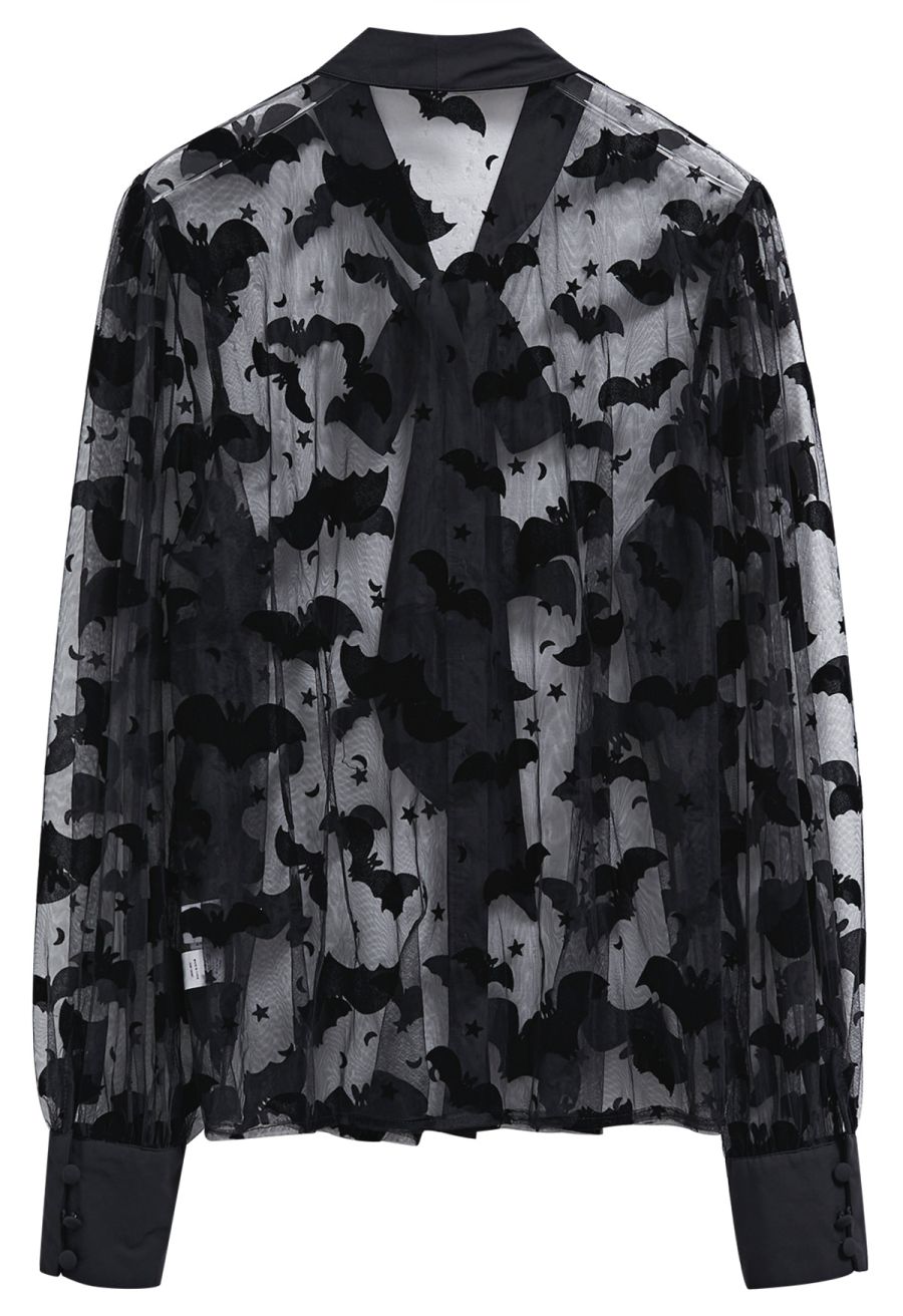 Velvet Bats Puff Sleeve Buttoned Mesh Shirt Halloween Costumes