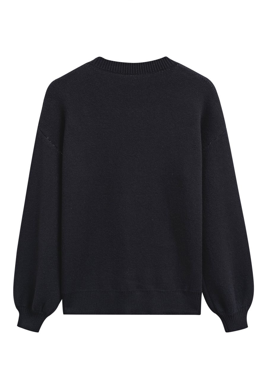 Ribbon Bowknot Pattern Jacquard Knit Sweater in Black