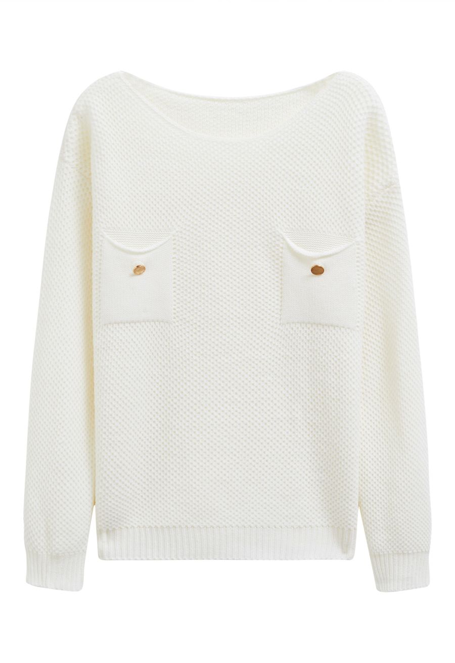 Buttons Decorated Pocket Waffle Knit Sweater in White