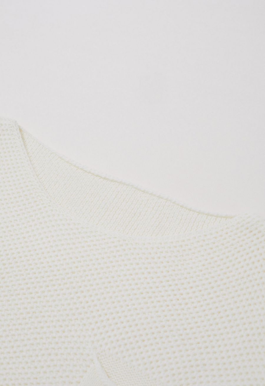 Buttons Decorated Pocket Waffle Knit Sweater in White