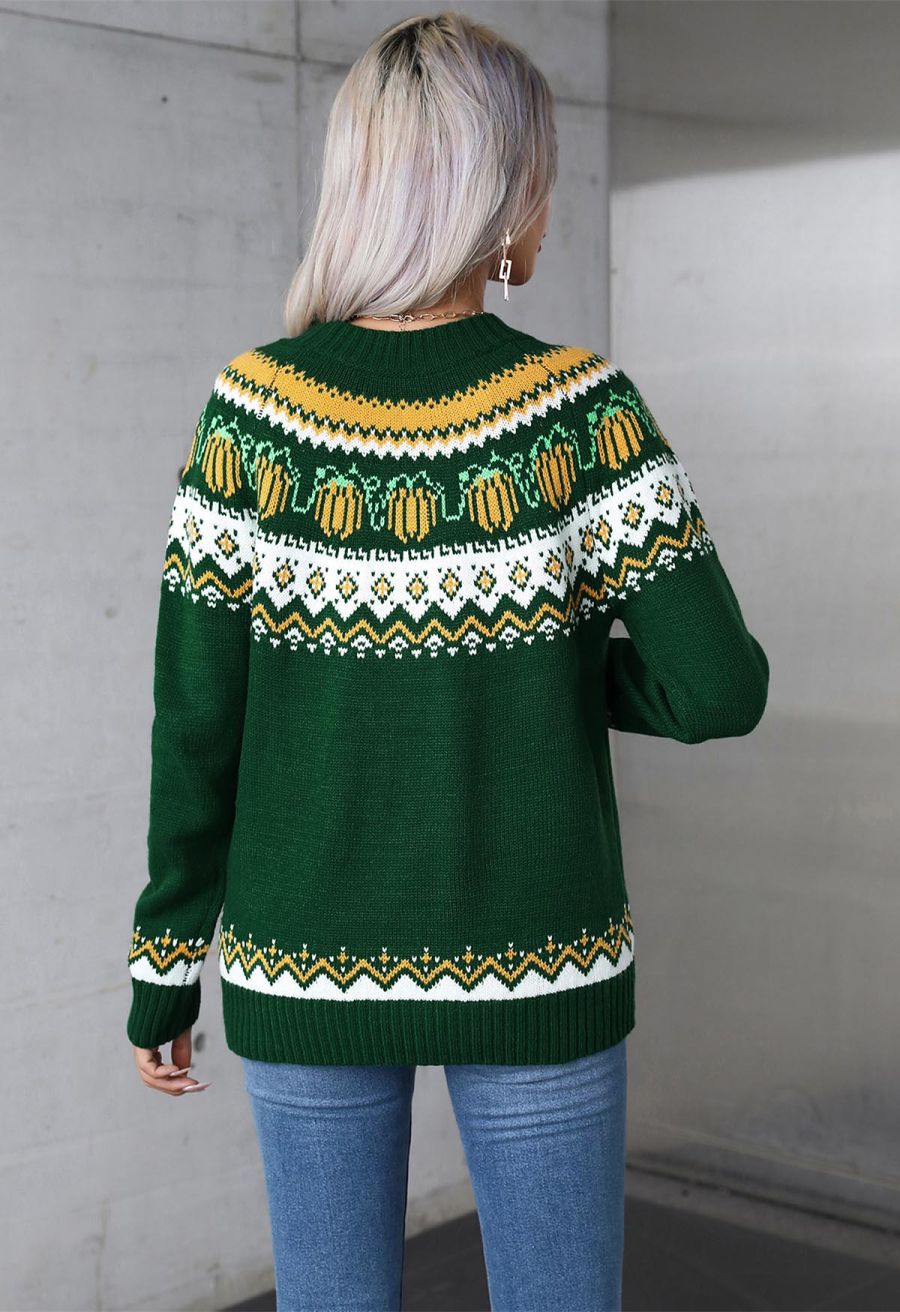 Pumpkin Delight Long Sleeves Knit Sweater in Green Halloween Costumes