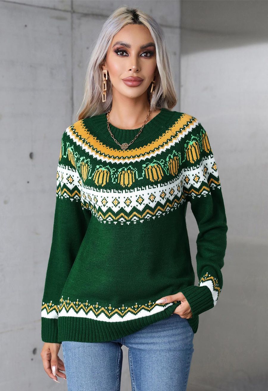 Pumpkin Delight Long Sleeves Knit Sweater in Green Halloween Costumes