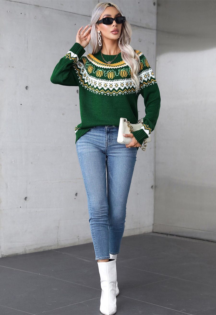 Pumpkin Delight Long Sleeves Knit Sweater in Green Halloween Costumes