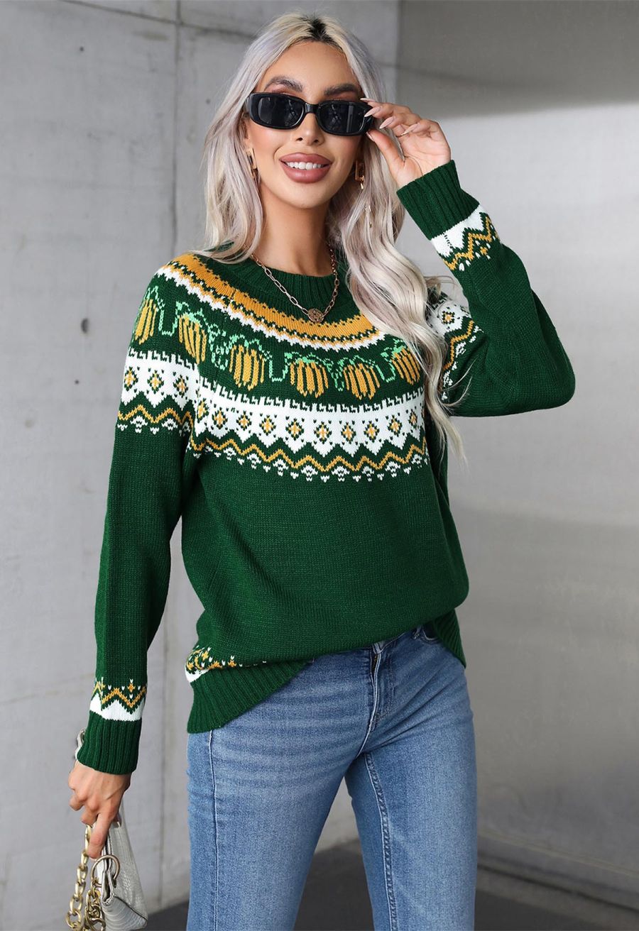Pumpkin Delight Long Sleeves Knit Sweater in Green Halloween Costumes