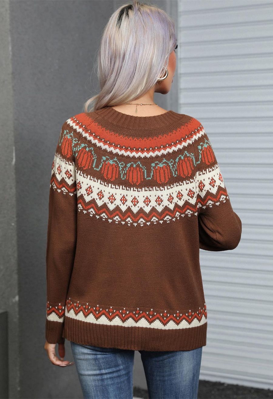 Pumpkin Delight Long Sleeves Knit Sweater in Brown Halloween Costumes
