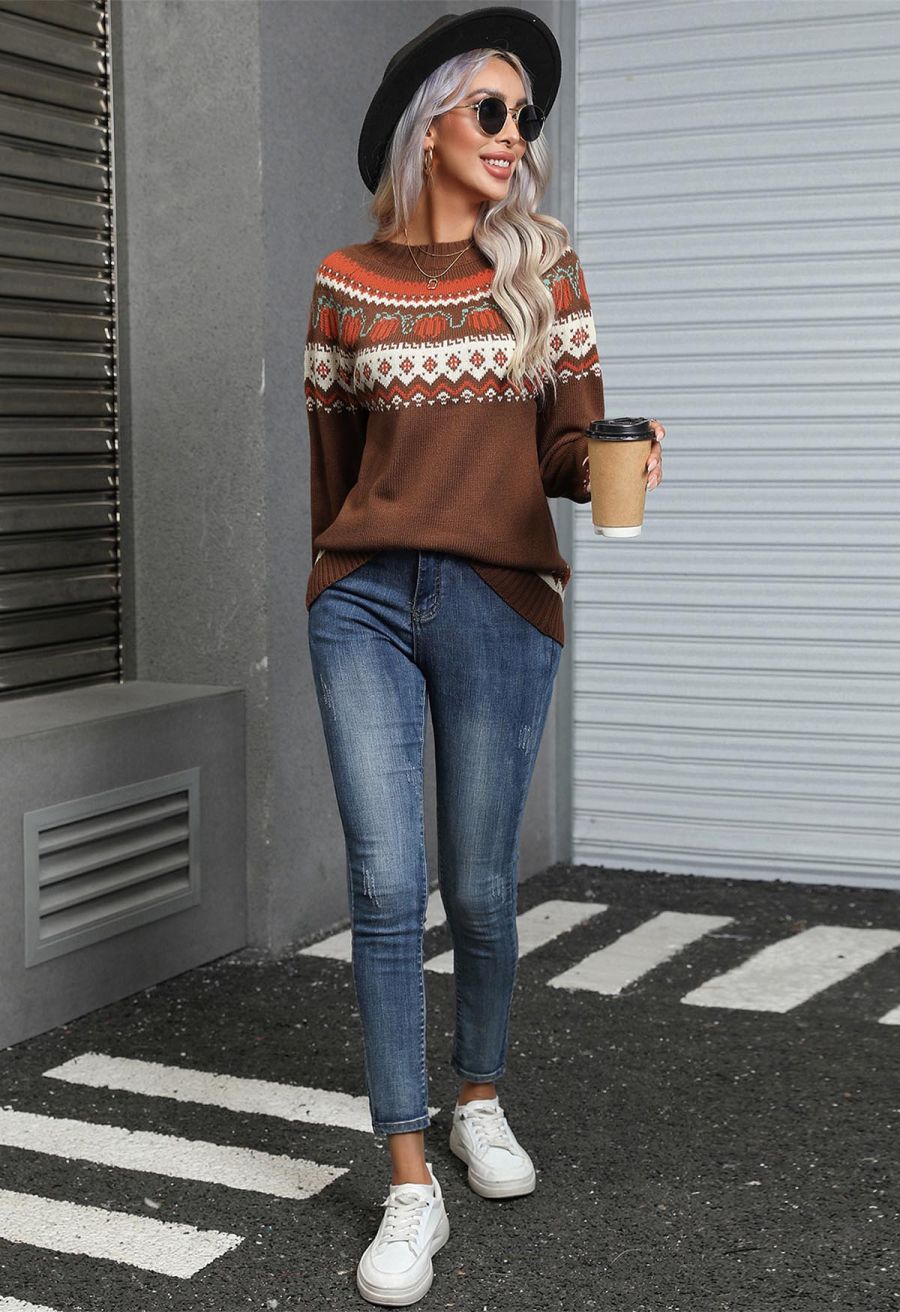Pumpkin Delight Long Sleeves Knit Sweater in Brown Halloween Costumes