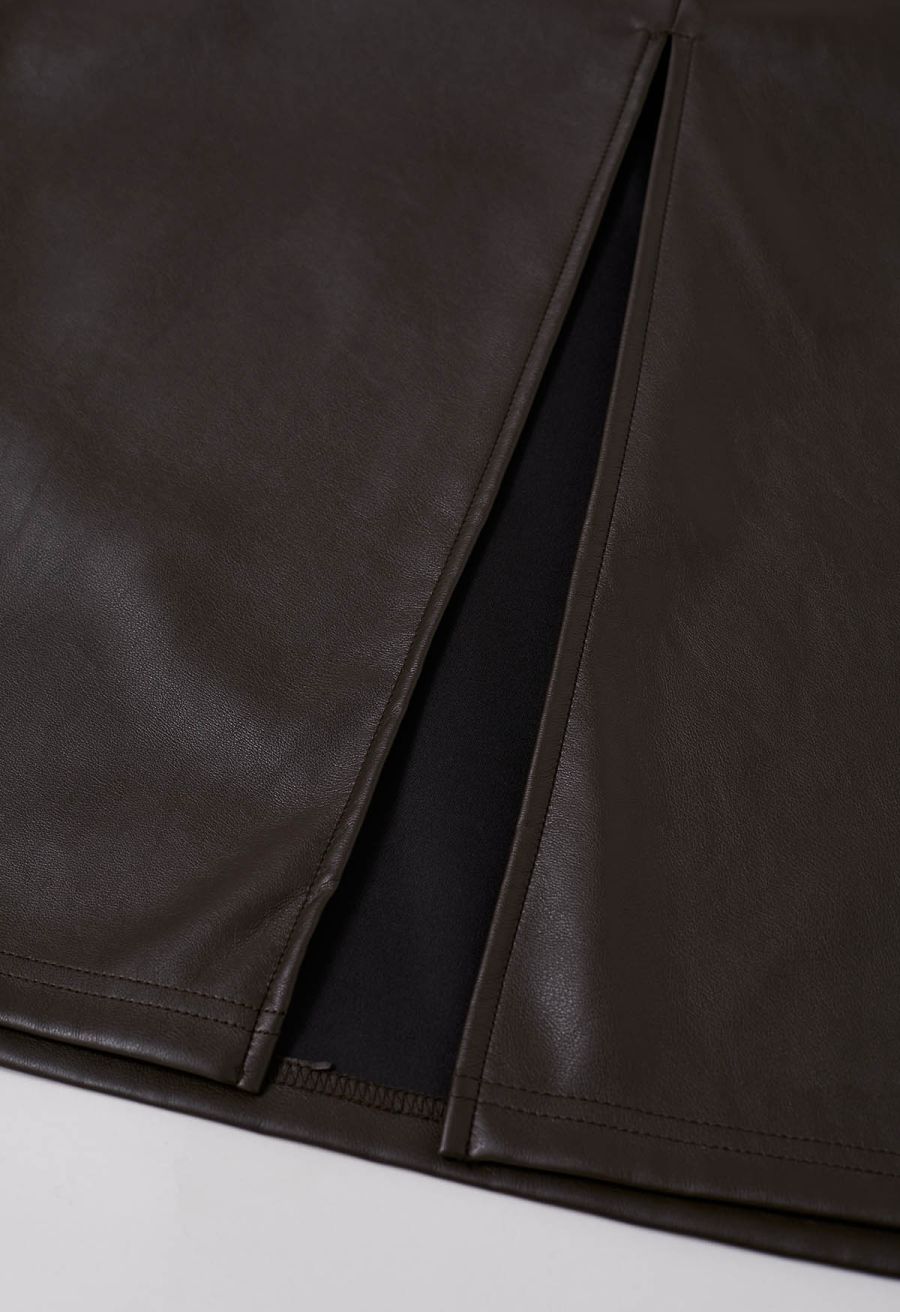 On-Duty Faux Leather Drawstring Shift Skirt in Chocolate