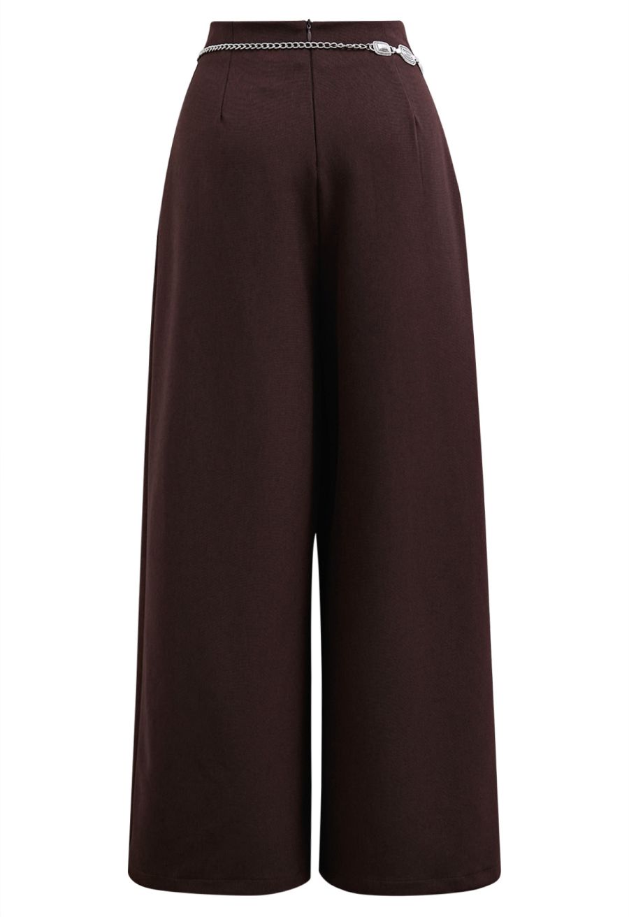 Chain-Embellished Pleated Palazzo Pants in Burgundy