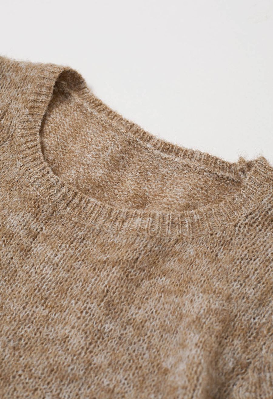 Peplum Flair Fuzzy Knit Top in Tan