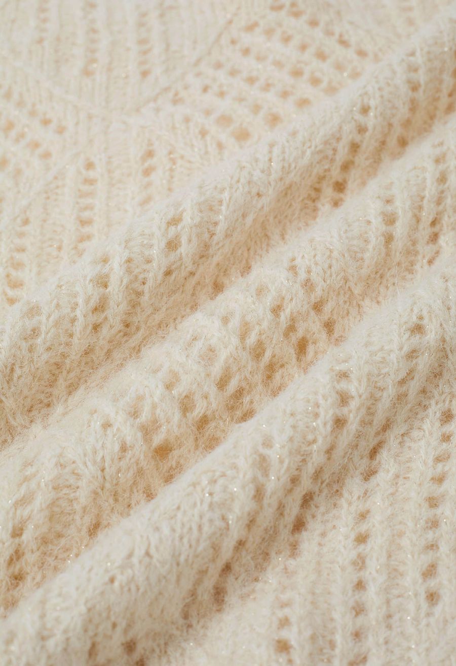 Diamond Pattern Hollow Fuzzy Knit Sweater in Cream