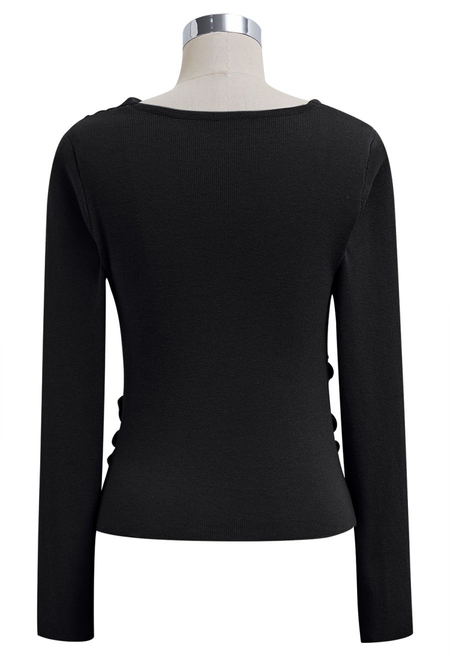 Side Knot Ruched Long-Sleeve Knit Top in Black