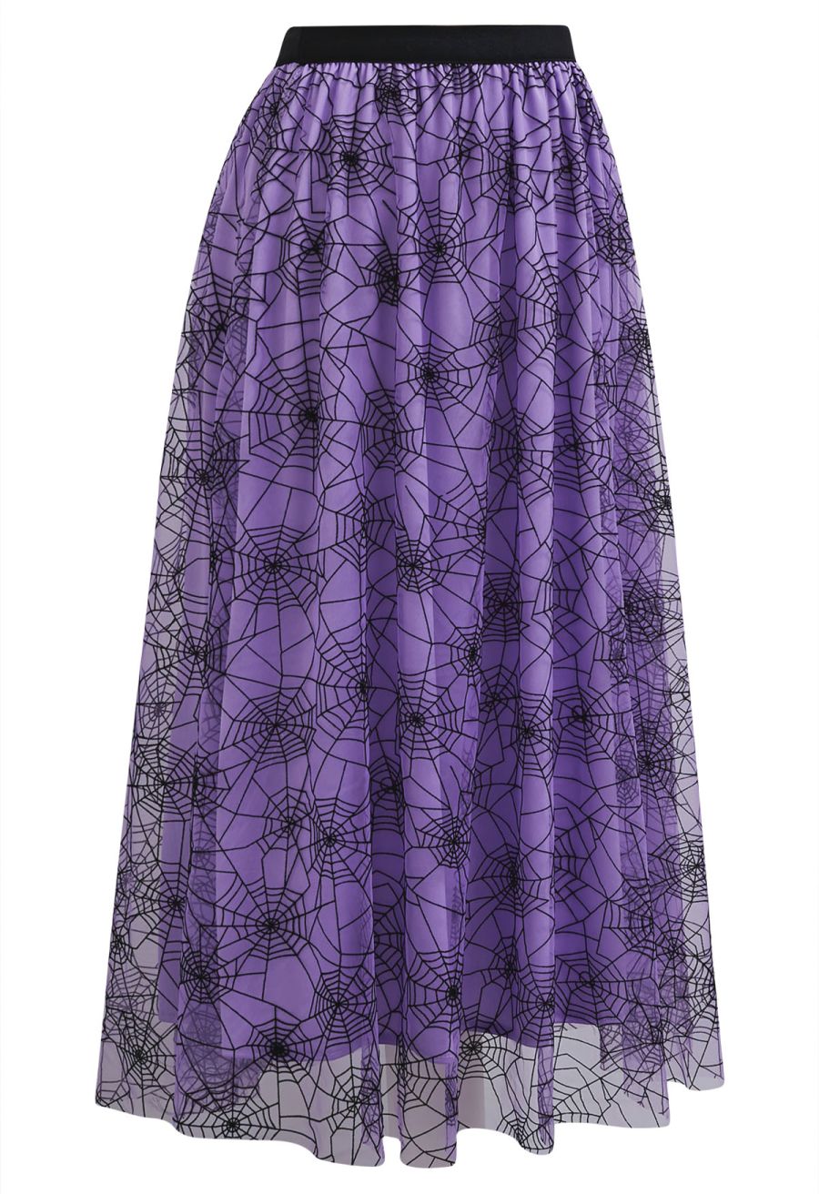 Cobweb Mystique Mesh Tulle Midi Skirt in Purple Halloween Costumes