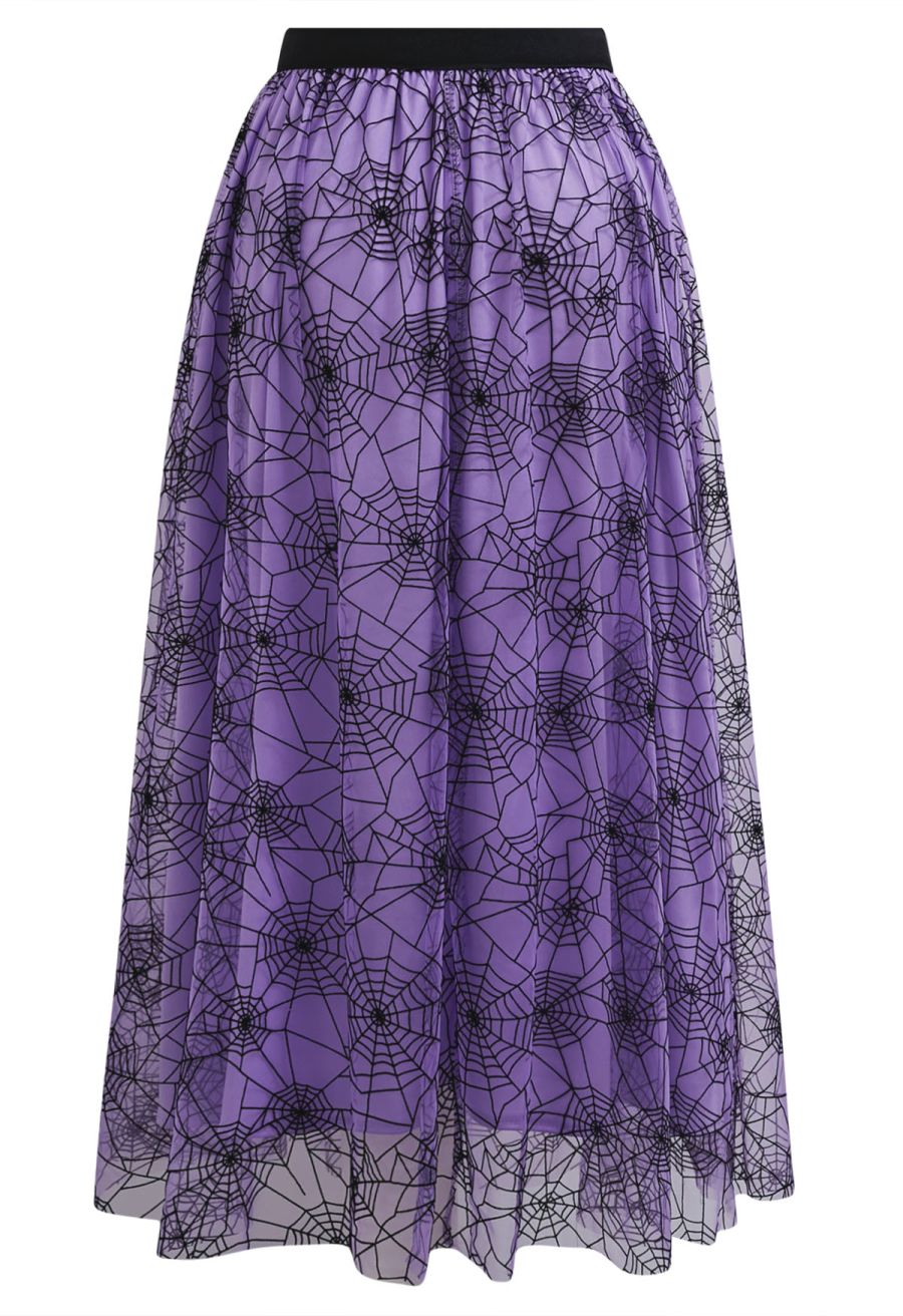Cobweb Mystique Mesh Tulle Midi Skirt in Purple Halloween Costumes