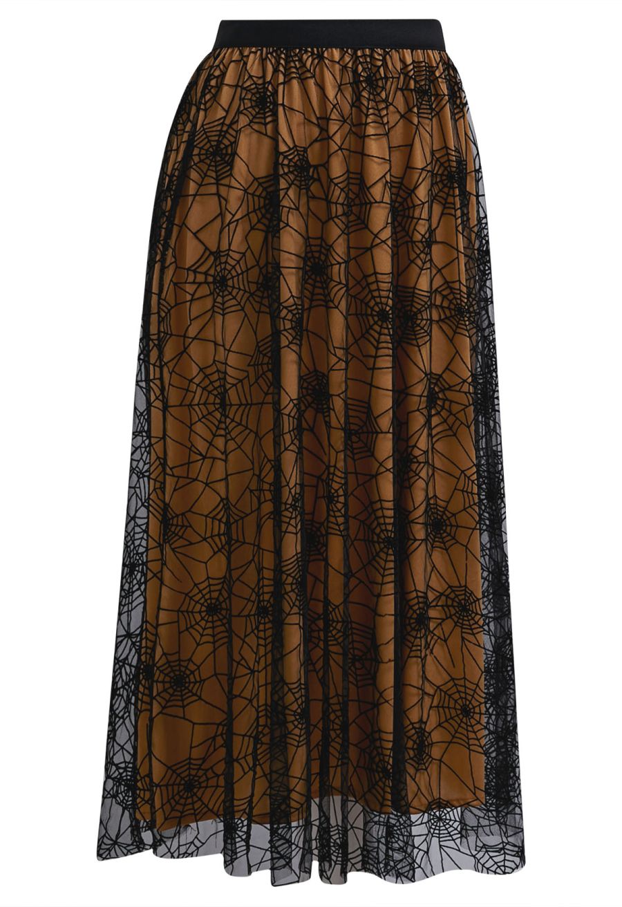 Cobweb Mystique Mesh Tulle Midi Skirt in Pumpkin Halloween Costumes