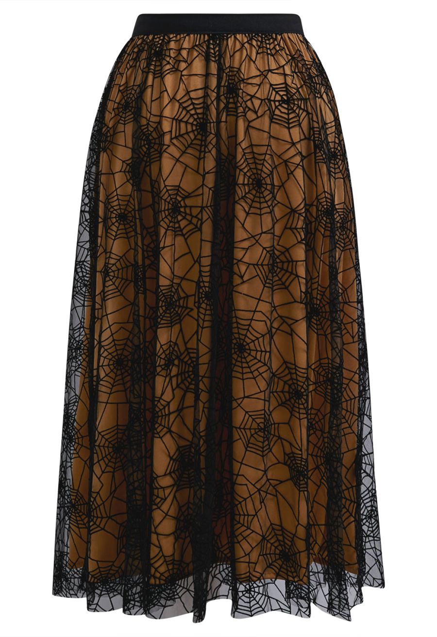 Cobweb Mystique Mesh Tulle Midi Skirt in Pumpkin Halloween Costumes