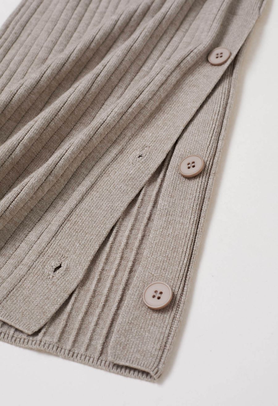 Buttoned Hem Ribbed Knit Pants in Oatmeal