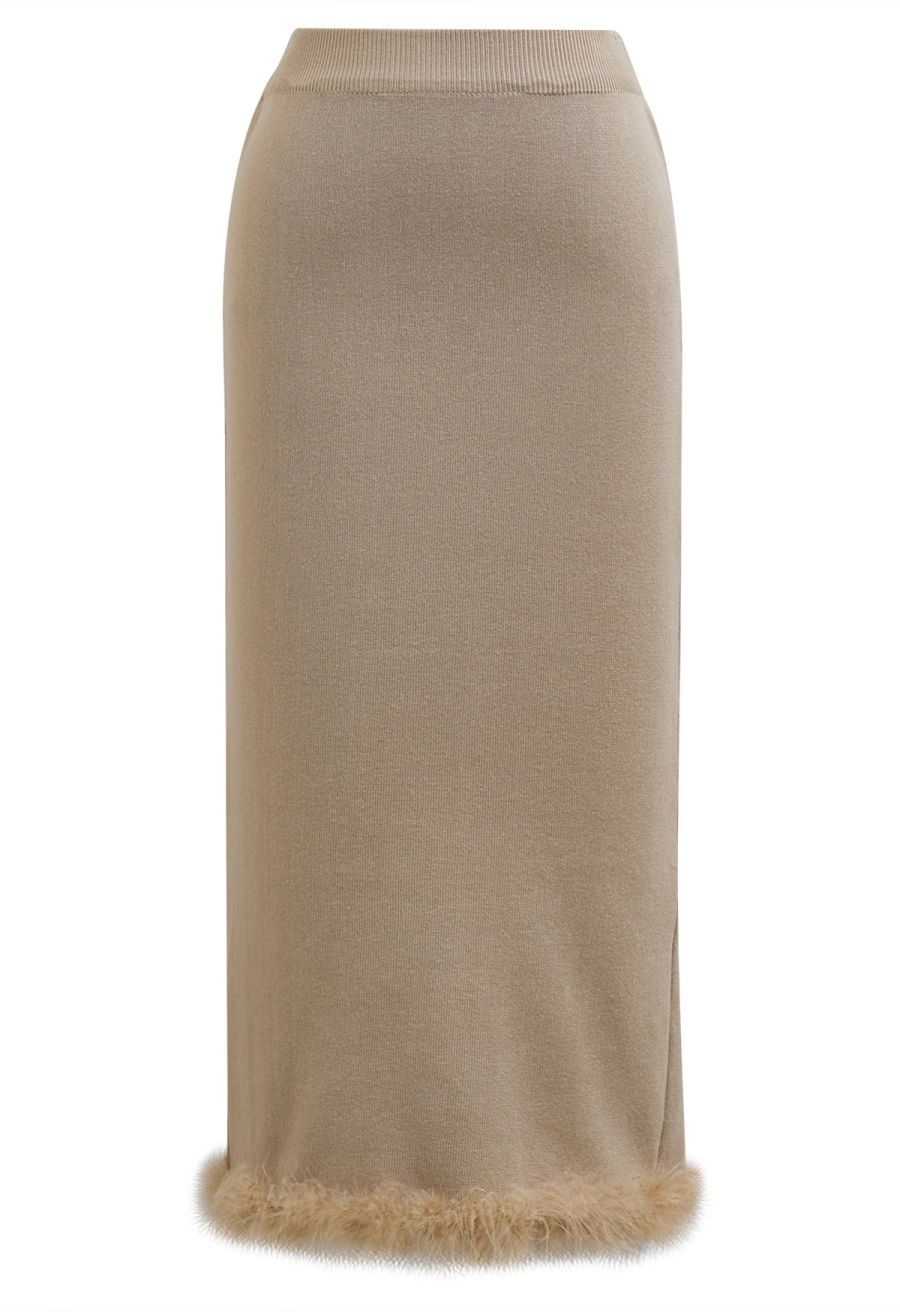 Feather Trim Button Knit Top and Midi Skirt Set in Khaki