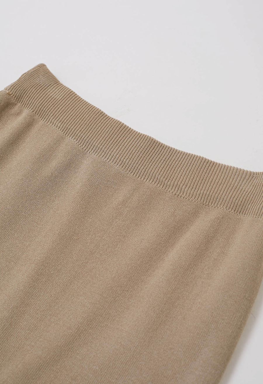 Feather Trim Button Knit Top and Midi Skirt Set in Khaki