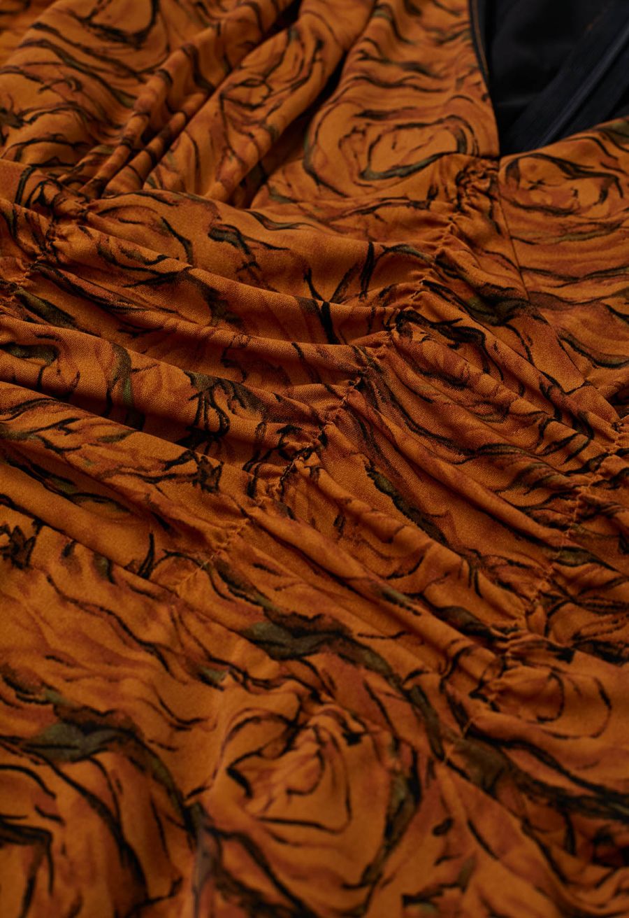 Fantastic Rose V-Neck Ruched Midi Dress with Choker in Pumpkin