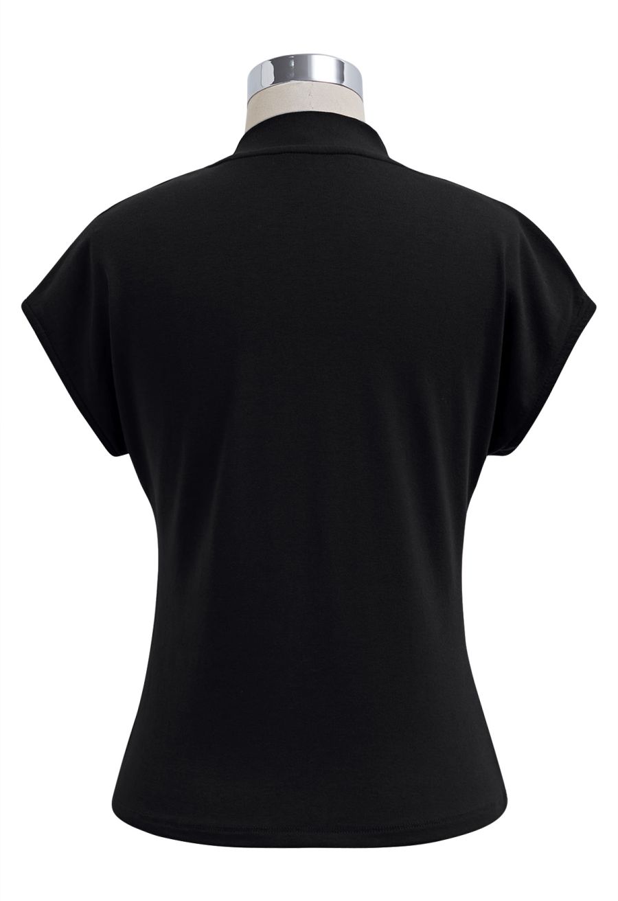 Bow-Tie Embellished Cap Sleeve Top in Black