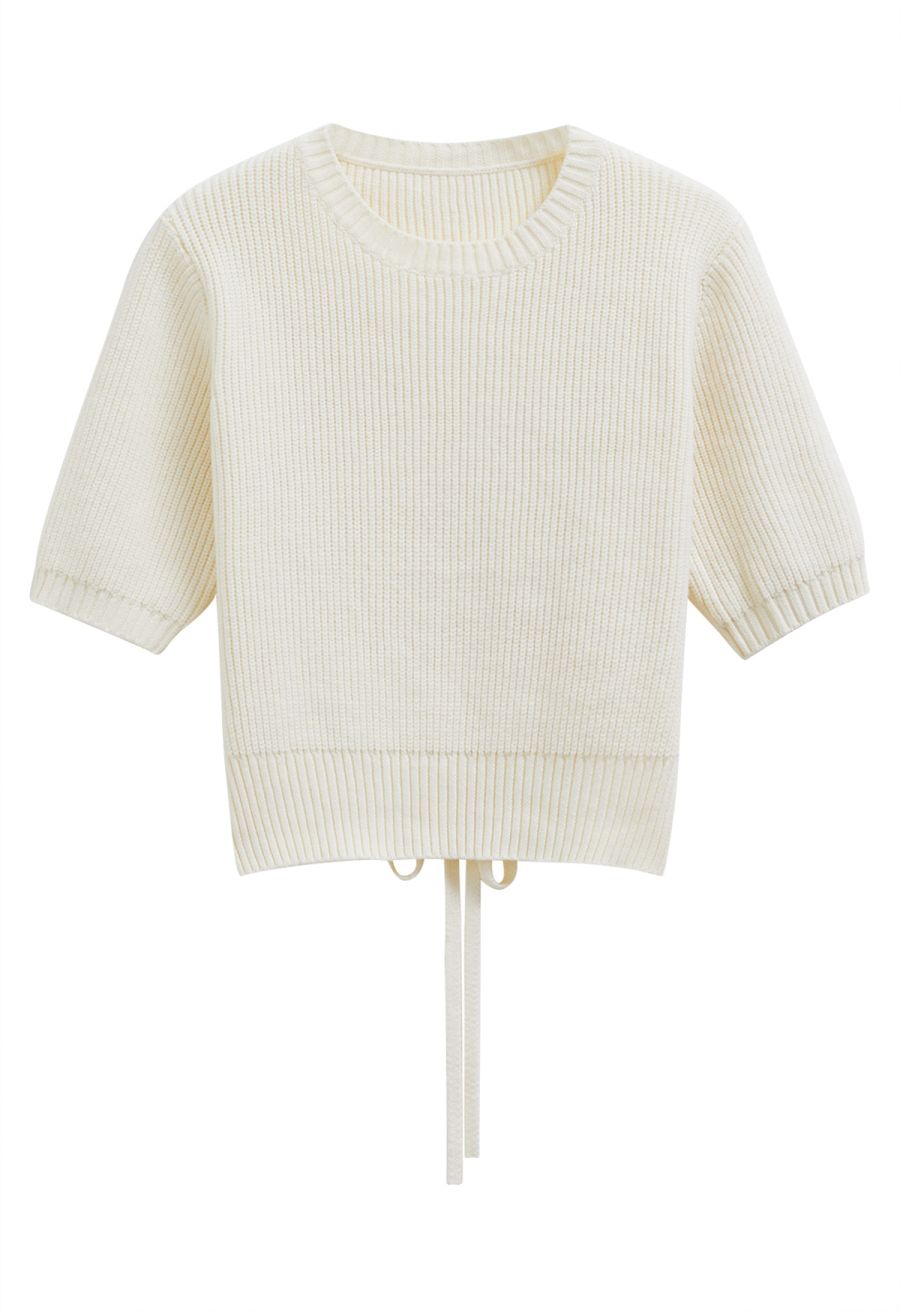 Tie-String Back Ribbed Knit Sweater in Cream
