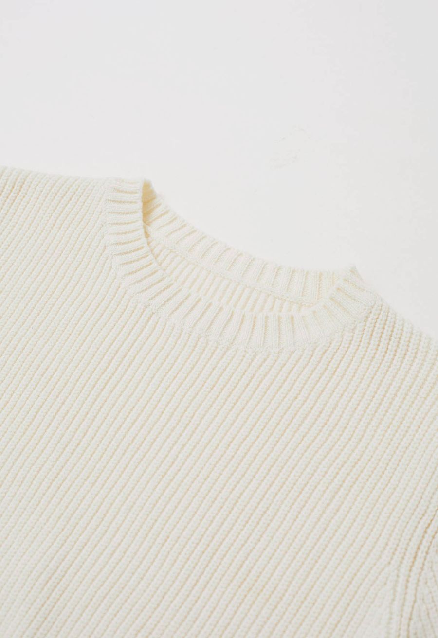 Tie-String Back Ribbed Knit Sweater in Cream