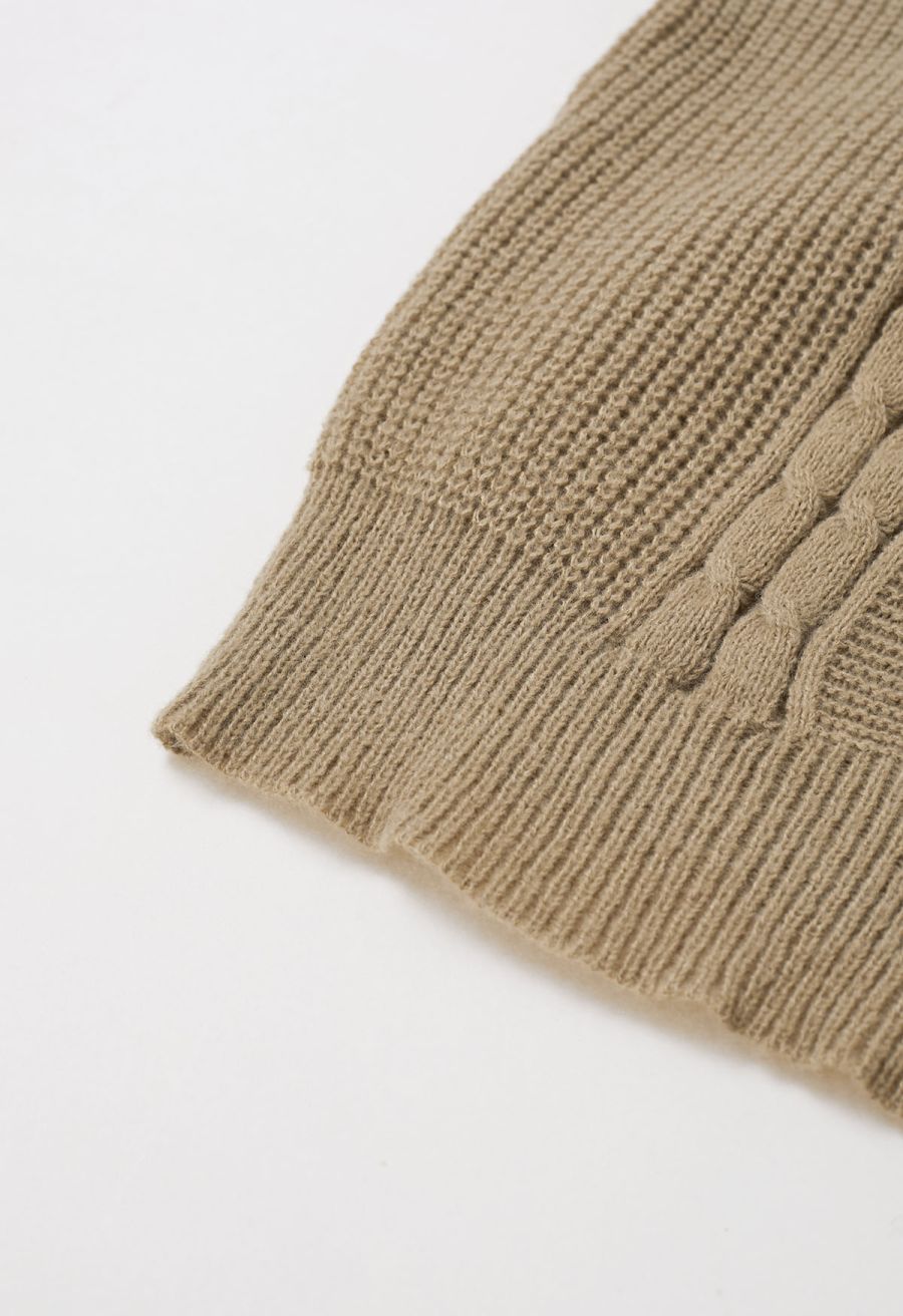 Mock Neck Padded Shoulder Cable Knit Top in Camel