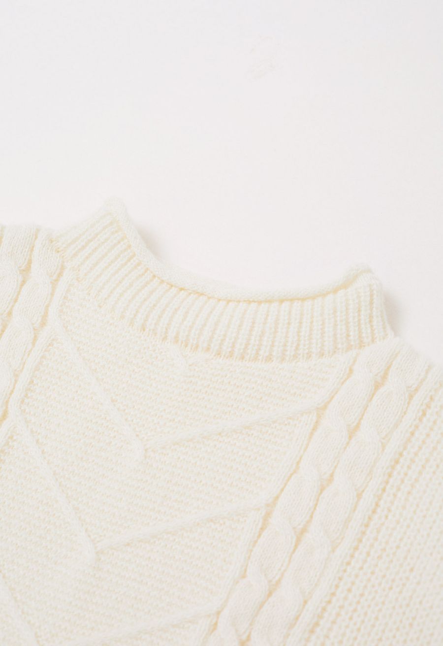 Mock Neck Padded Shoulder Cable Knit Top in Cream