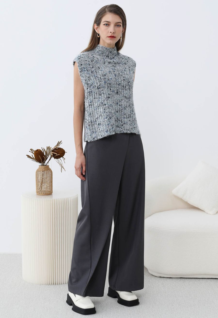 Fuzzy Mix-Knit Mock Neck Sleeveless Top in Grey