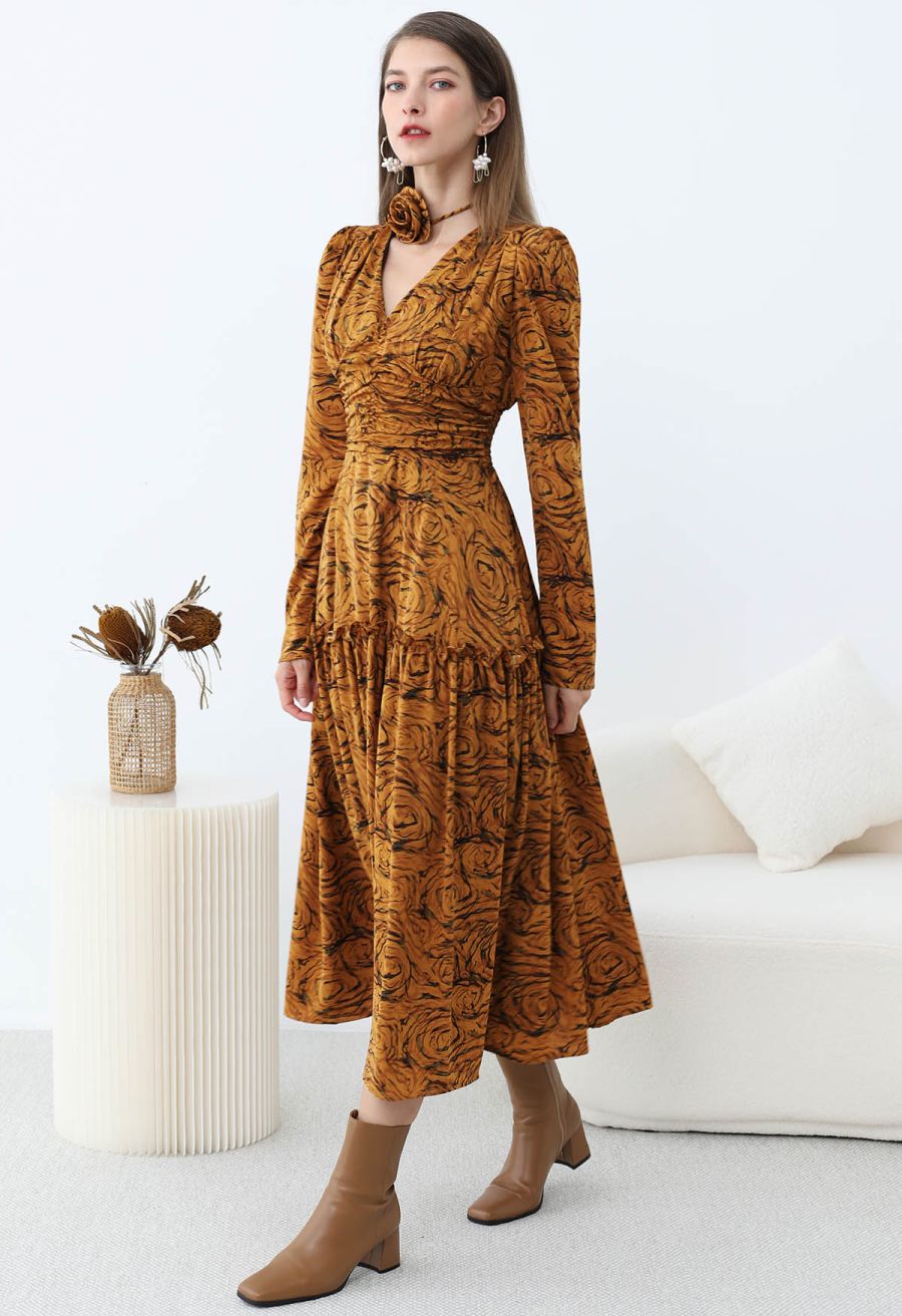 Fantastic Rose V-Neck Ruched Midi Dress with Choker in Pumpkin