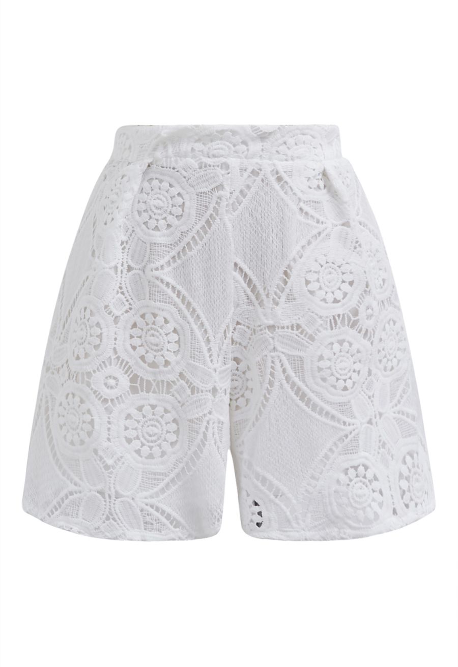 Guipure Lace Buttoned Shirt and Shorts Set in White