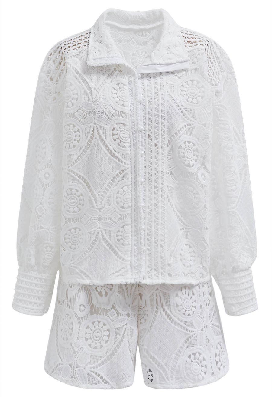 Guipure Lace Buttoned Shirt and Shorts Set in White