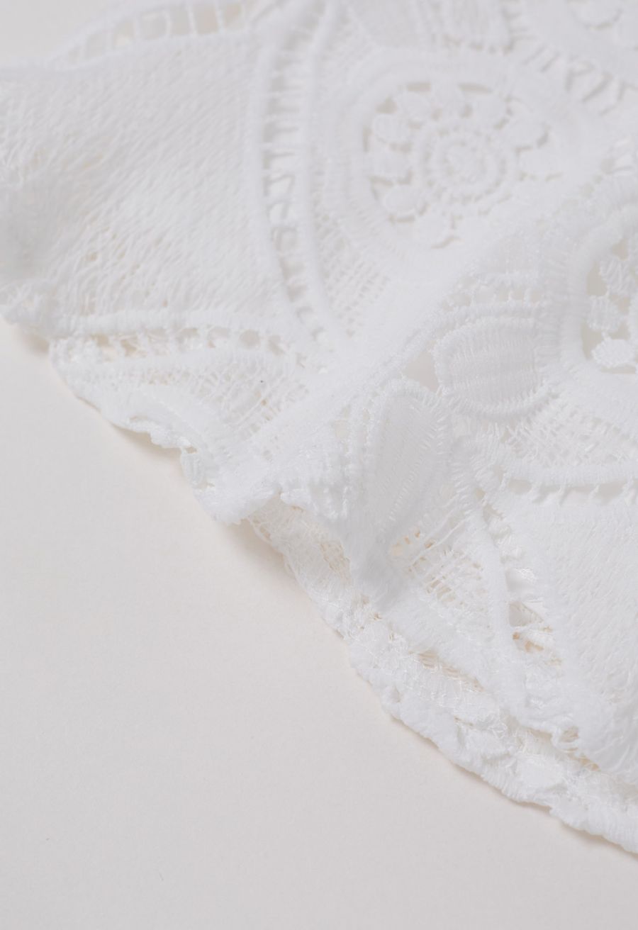 Guipure Lace Buttoned Shirt and Shorts Set in White