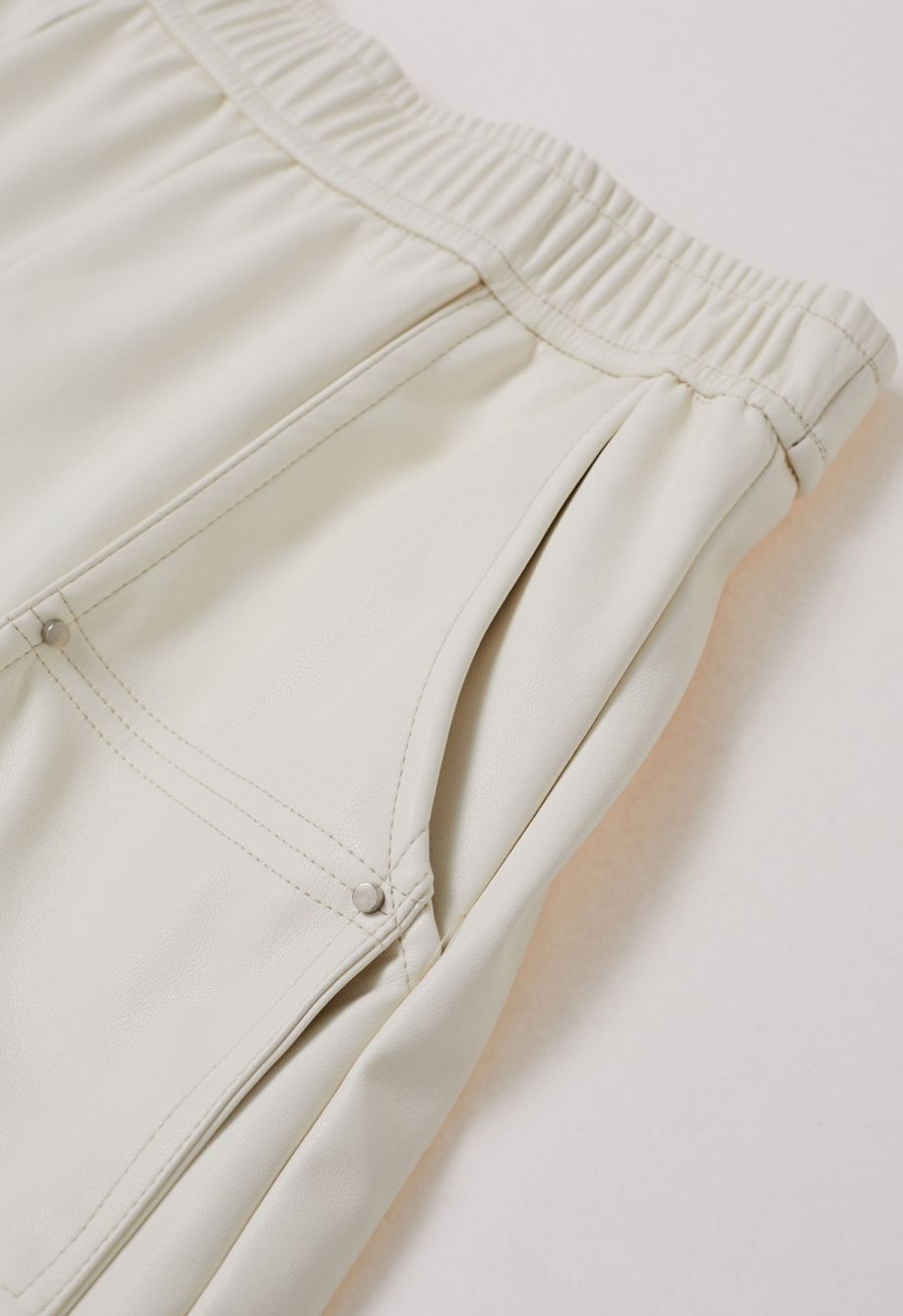 Patch Side Pocket Faux Leather Utility Shorts in Ivory