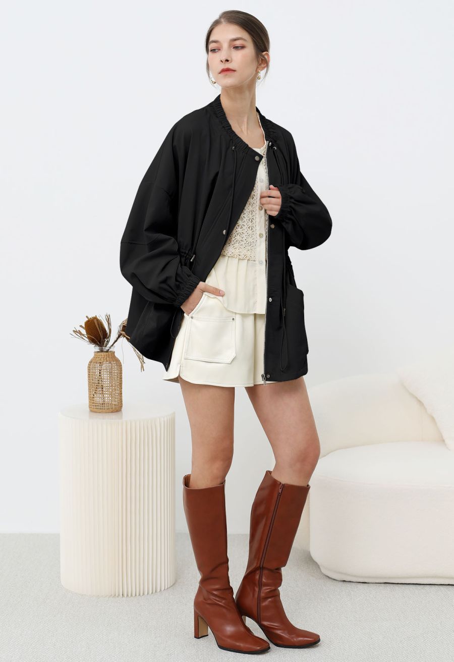 Laid-Back Side Pocket Drawstring Parka in Black