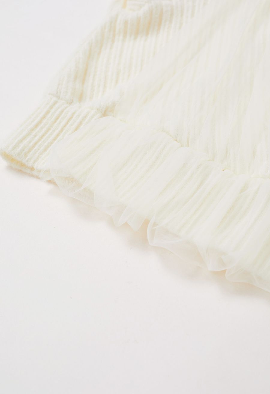 Mesh Spliced Faux-Wrap Knit Top in Cream