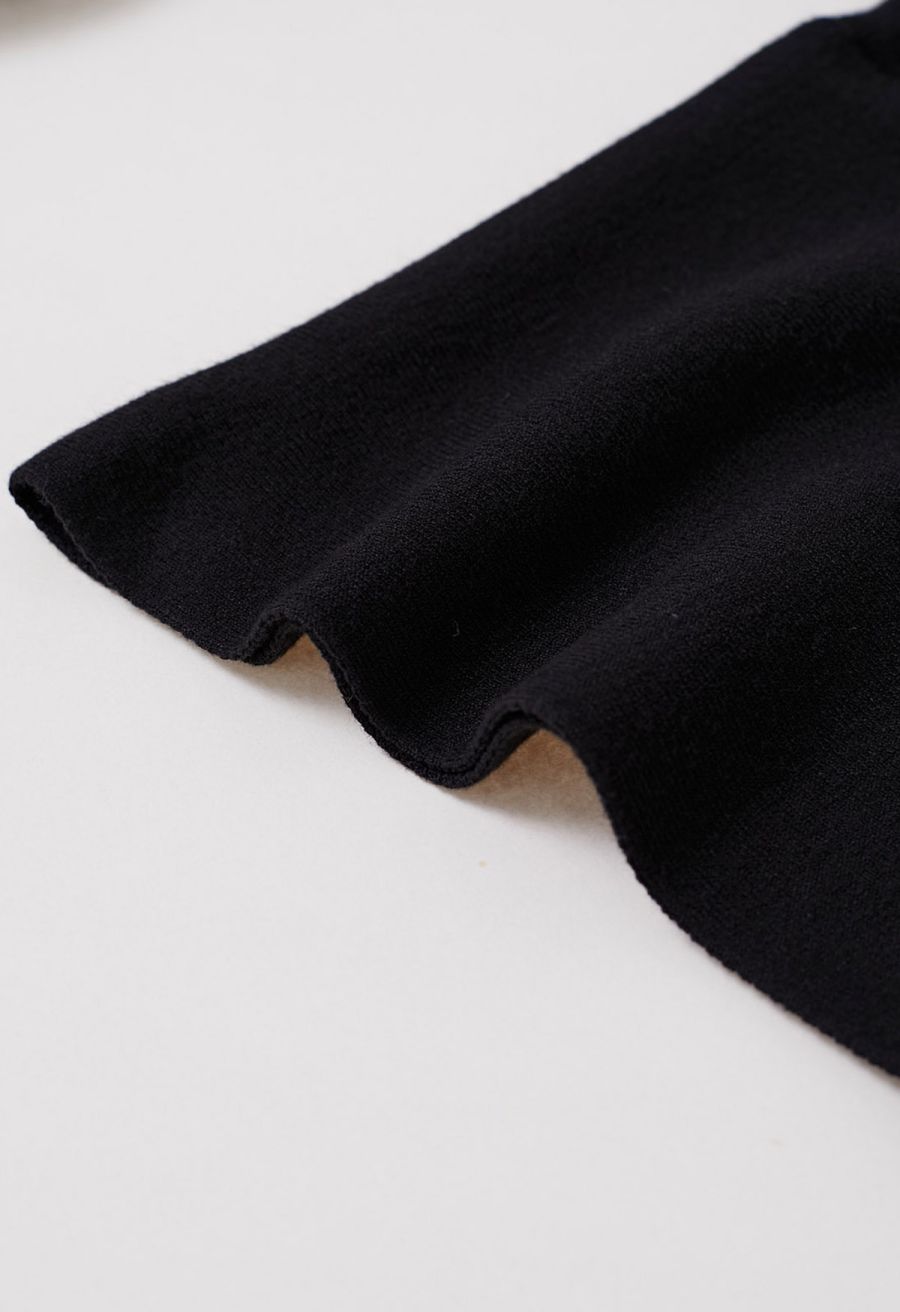 Sheer Sleeves Spliced Knit Top with Scarf in Black