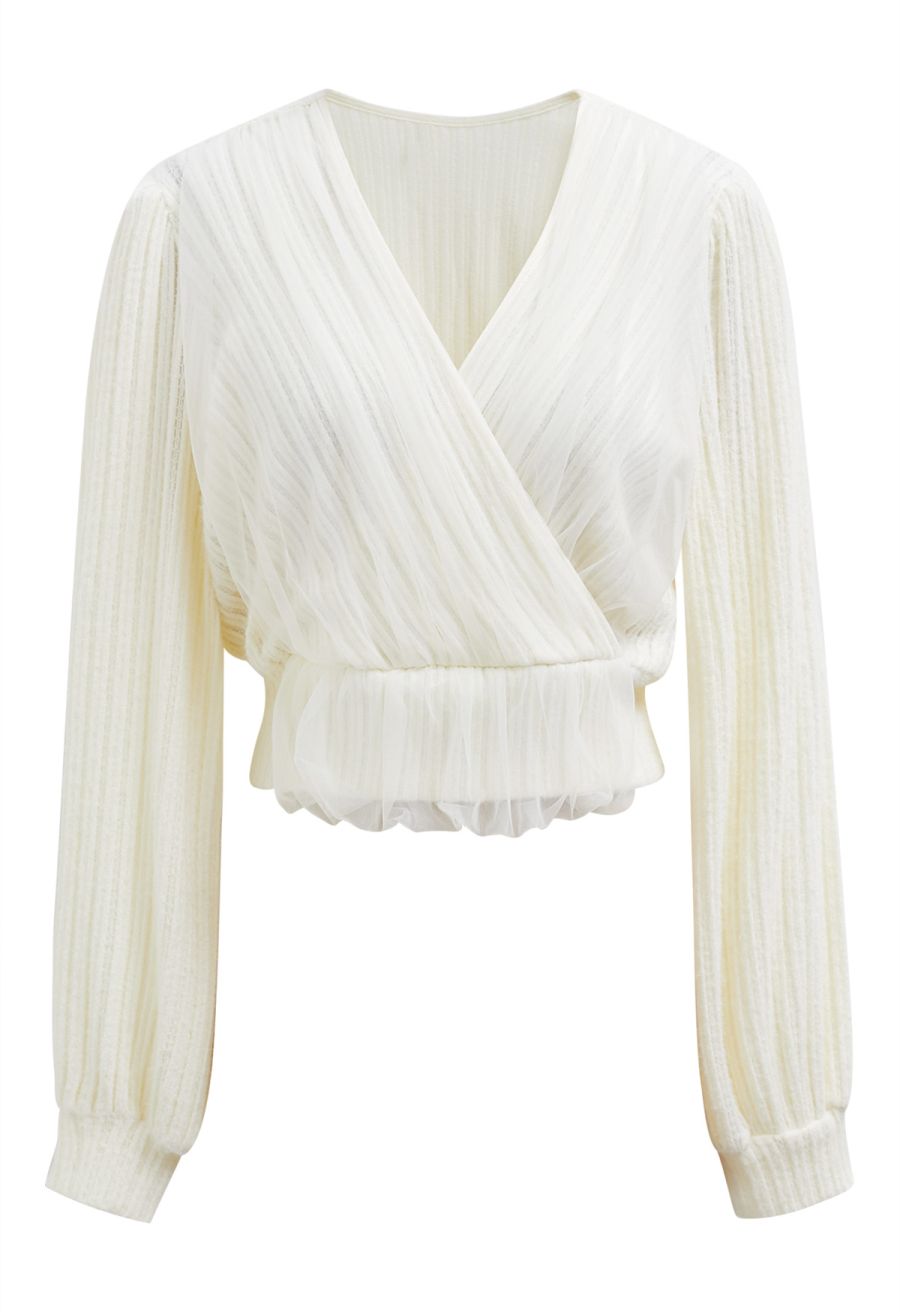 Mesh Spliced Faux-Wrap Knit Top in Cream