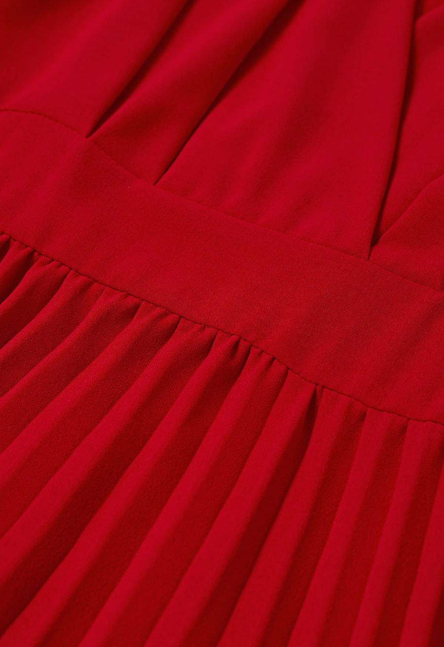 Graceful Pleats Faux-Wrap Belted Midi Dress in Red