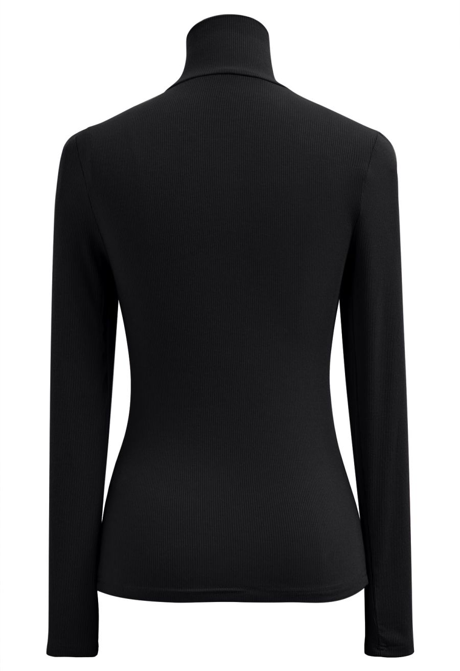 Faux-Wrap Mock Neck Long-Sleeve Top in Black
