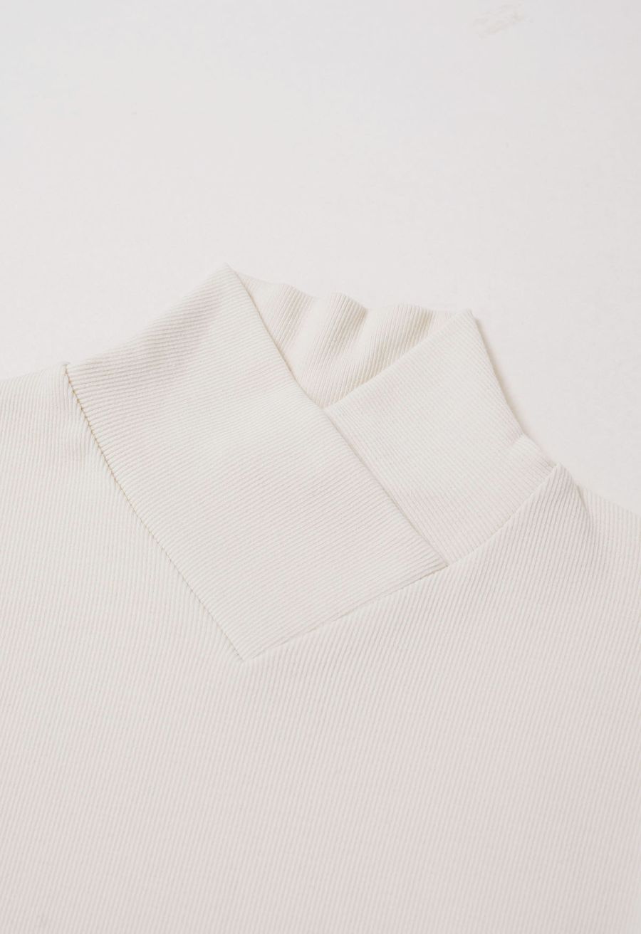 Faux-Wrap Mock Neck Long-Sleeve Top in Ivory