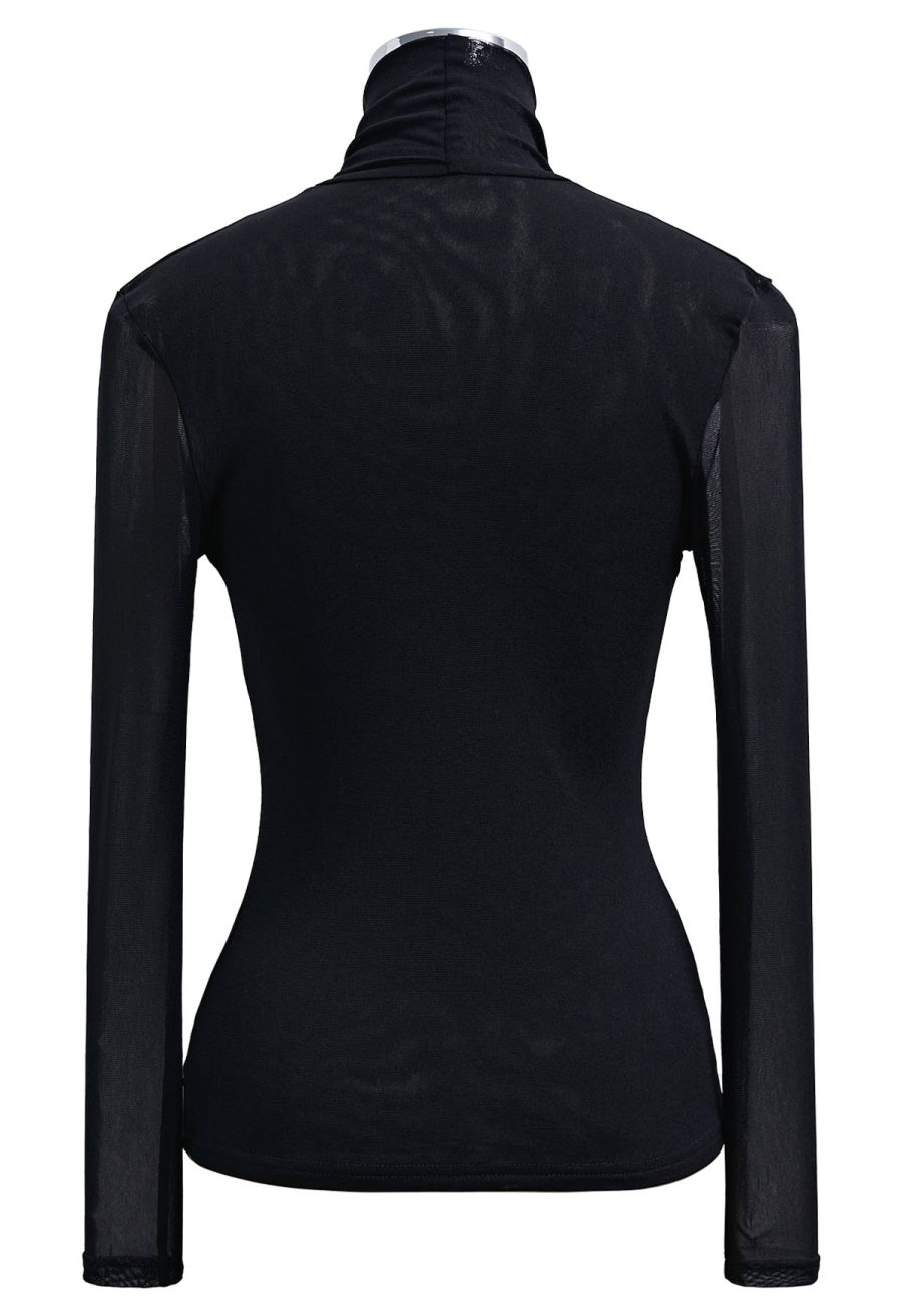 Knotted Mock Neck Cutout Mesh Top in Black